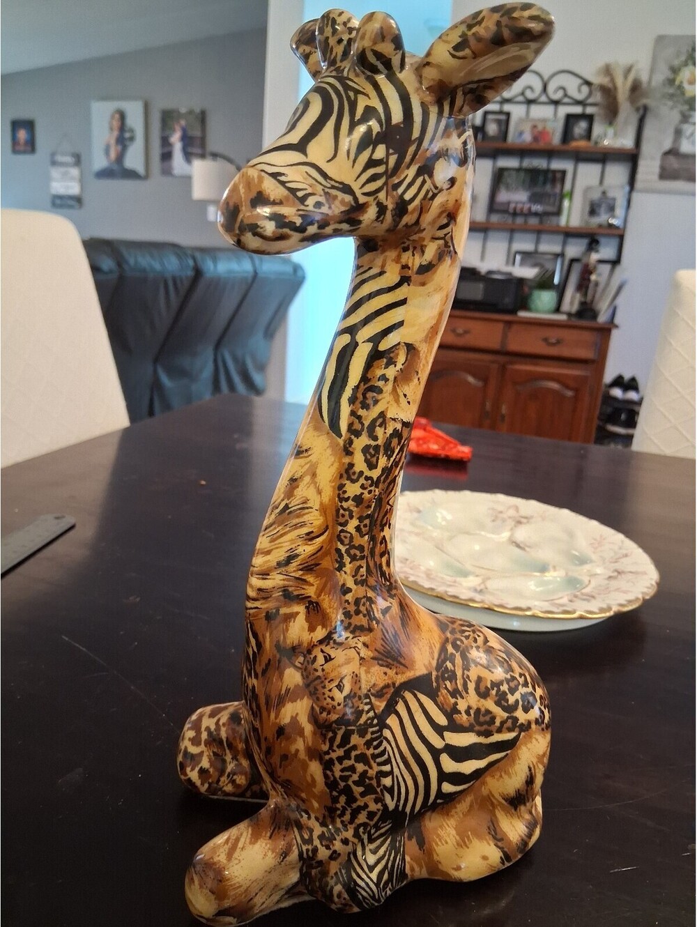 Hand-Painted Ceramic Giraffe Figurine with Animal Print